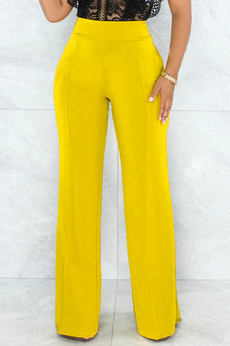 Yellow Fashion Casual Solid Basic Regular High Waist Trousers