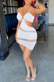 Vestidos de saia lápis com alça espaguete assimétrica branca sexy sólida patchwork transparente