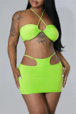 Groene mode Sexy effen uitgeholde rugloze halter mouwloze twee stukken