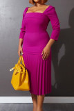 Púrpura elegante sólido patchwork doblar cuello cuadrado vestidos rectos