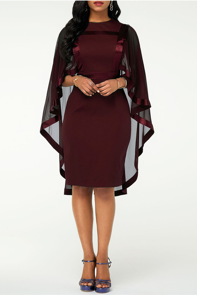 

Burgundy Fashion Casual Solid Split Joint O Neck Evening Dress