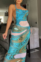 Озерно-синее сексуальное лоскутное платье с принтом и открытой спиной, одношаговая юбка с лямкой на шее, платья