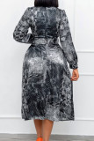Zwarte elegante print patchwork met riem O-hals A-lijn jurken