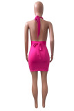 Rose Red Fashion Sexy Solid Hollowed Out Backless Halter Sleeveless Dress