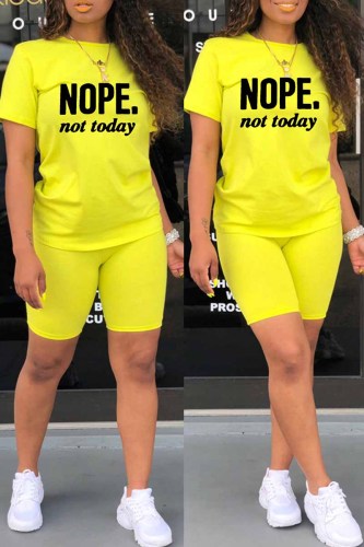 Yellow Fashion Casual Letter Print Basic O Neck Short Sleeve Two Pieces