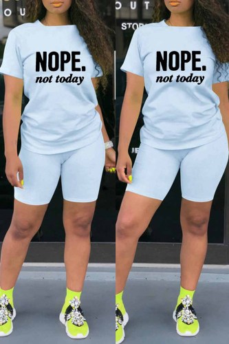 Light Blue Fashion Casual Letter Print Basic O Neck Short Sleeve Two Pieces