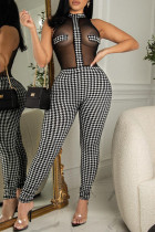 Zwart-wit sexy print patchwork doorzichtige O-hals reguliere jumpsuits