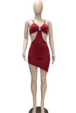 バーガンディ セクシー ソリッド パッチワーク シースルー 非対称スパゲッティ ストラップ ペンシル スカート ドレス