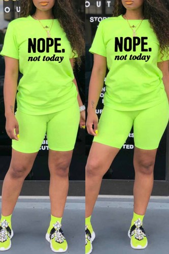 Fluorescent Green Fashion Casual Letter Print Basic O Neck Short Sleeve Two Pieces