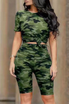 Army Green Fashion Casual Camouflage Print Basic O-Ausschnitt Kurzarm Zweiteiler