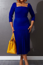 Blauwe mode casual effen patchwork geplooide jurken met vierkante kraag