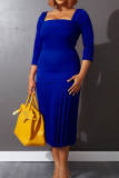 Blauwe mode casual effen patchwork geplooide jurken met vierkante kraag