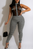 Zwart-wit sexy print patchwork doorzichtige O-hals reguliere jumpsuits