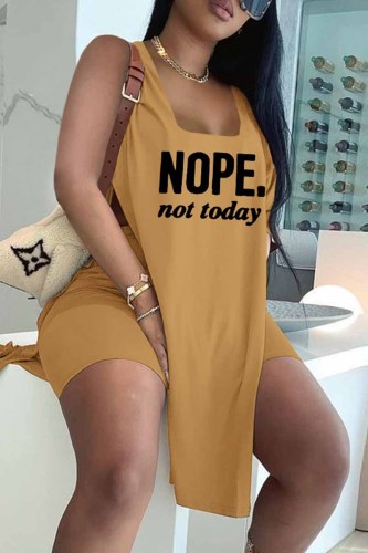 Apricot Fashion Casual Letter Print Slit U Neck Sleeveless Two Pieces