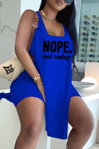 Royal Blue Fashion Casual Letter Print Slit U Neck Sleeveless Two Pieces