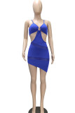 Blue Sexy Solid Patchwork See-through Asymmetrical Spaghetti Strap Pencil Skirt Dresses