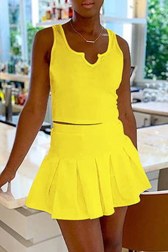 Yellow Sexy Casual Solid Basic V Neck Sleeveless Two Pieces