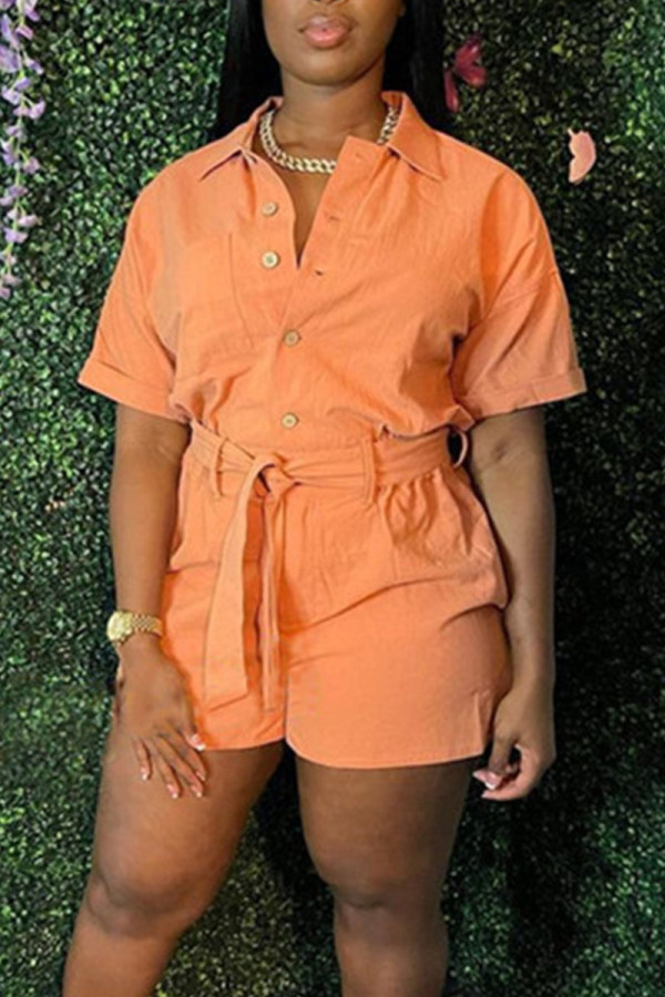 Tangerine Red Casual Solid Patchwork Turndown Collar Loose Rompers