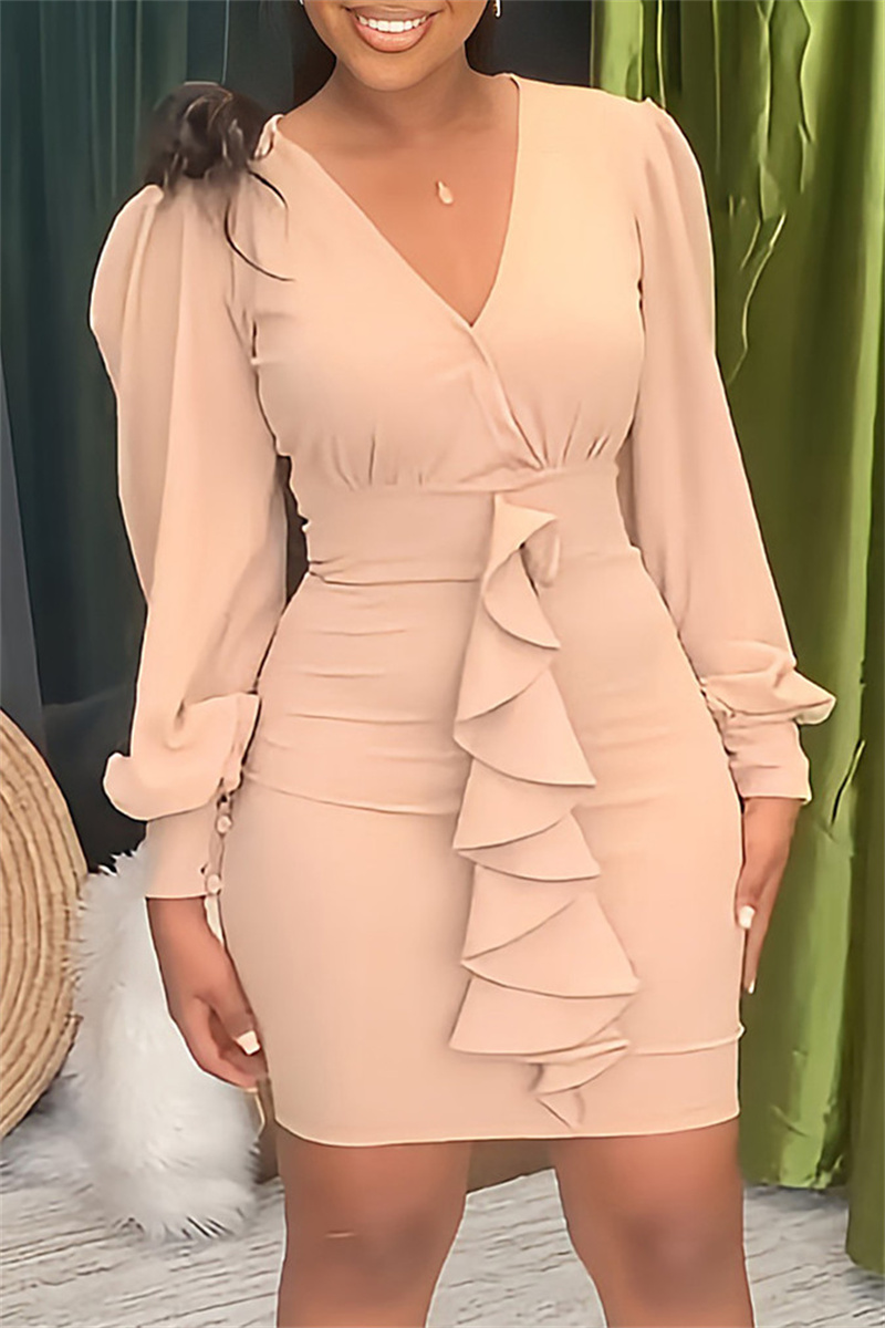 

Apricot Fashion Casual Solid Split Joint V Neck Long Sleeve Dresses