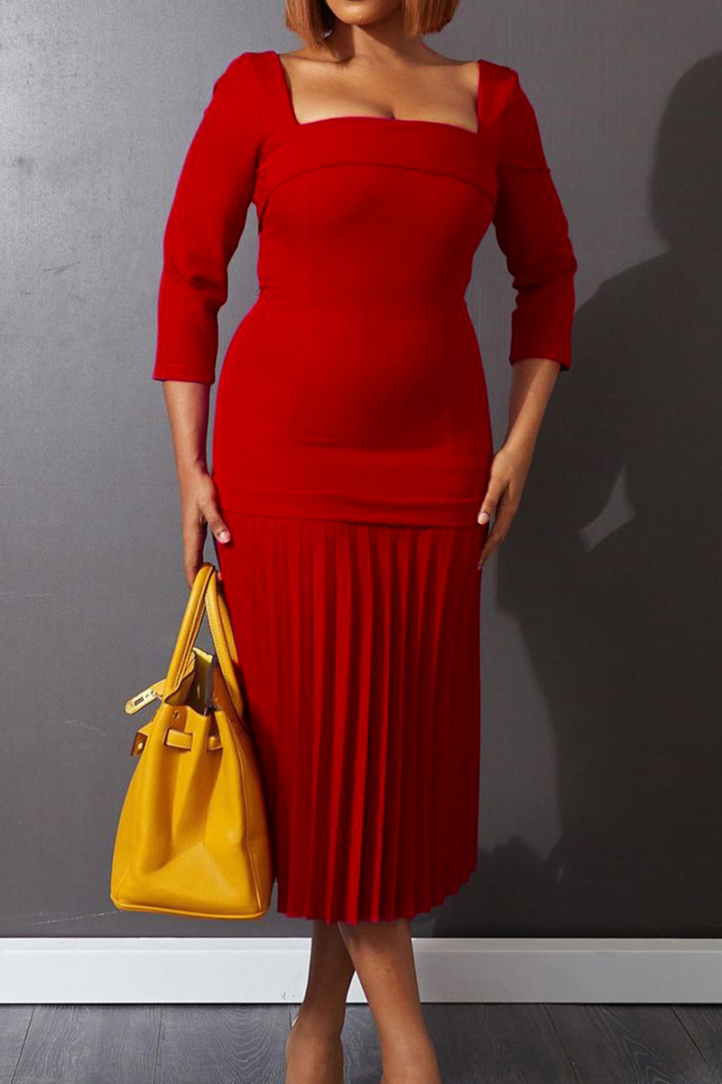 

Red Fashion Casual Solid Split Joint Square Collar Pleated Dresses