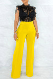 Calças amarelas moda casual sólida básica regular cintura alta