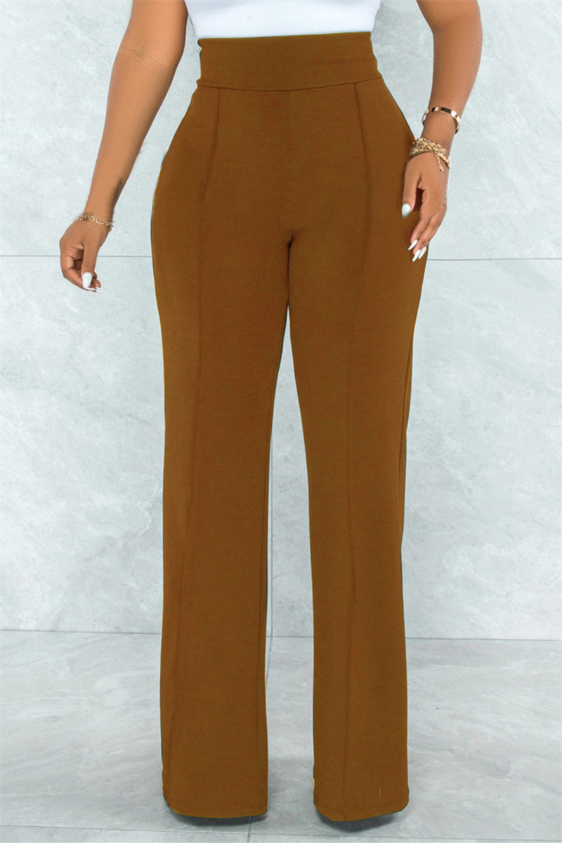 Khaki Fashion Casual Solid Basic Regular High Waist Trousers