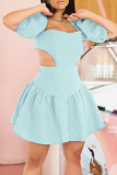 Pink Sweet Solid Hollowed Out Patchwork Square Collar A Line Dresses