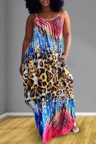 Flerfärgad mode sexigt tryck rygglös spaghettiband långa klänningar