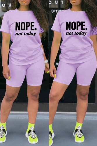 Purple Fashion Casual Letter Print Basic O Neck Short Sleeve Two Pieces