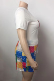 White Casual Print Patchwork O Neck Plus Size Two Pieces