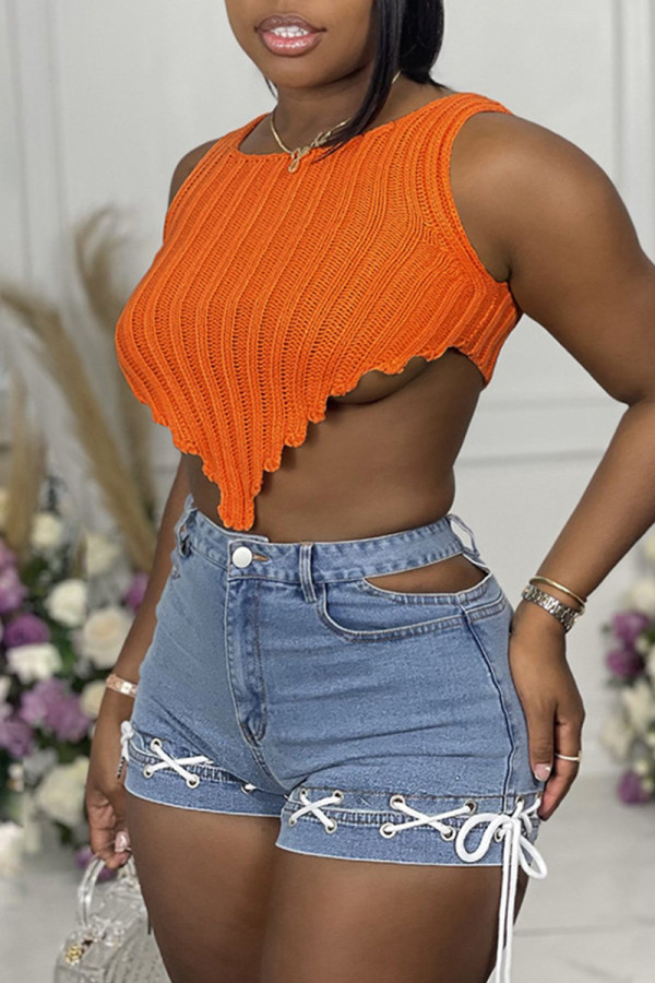 Orange Fashion Casual Solide asymmetrische O-Neck-Tops
