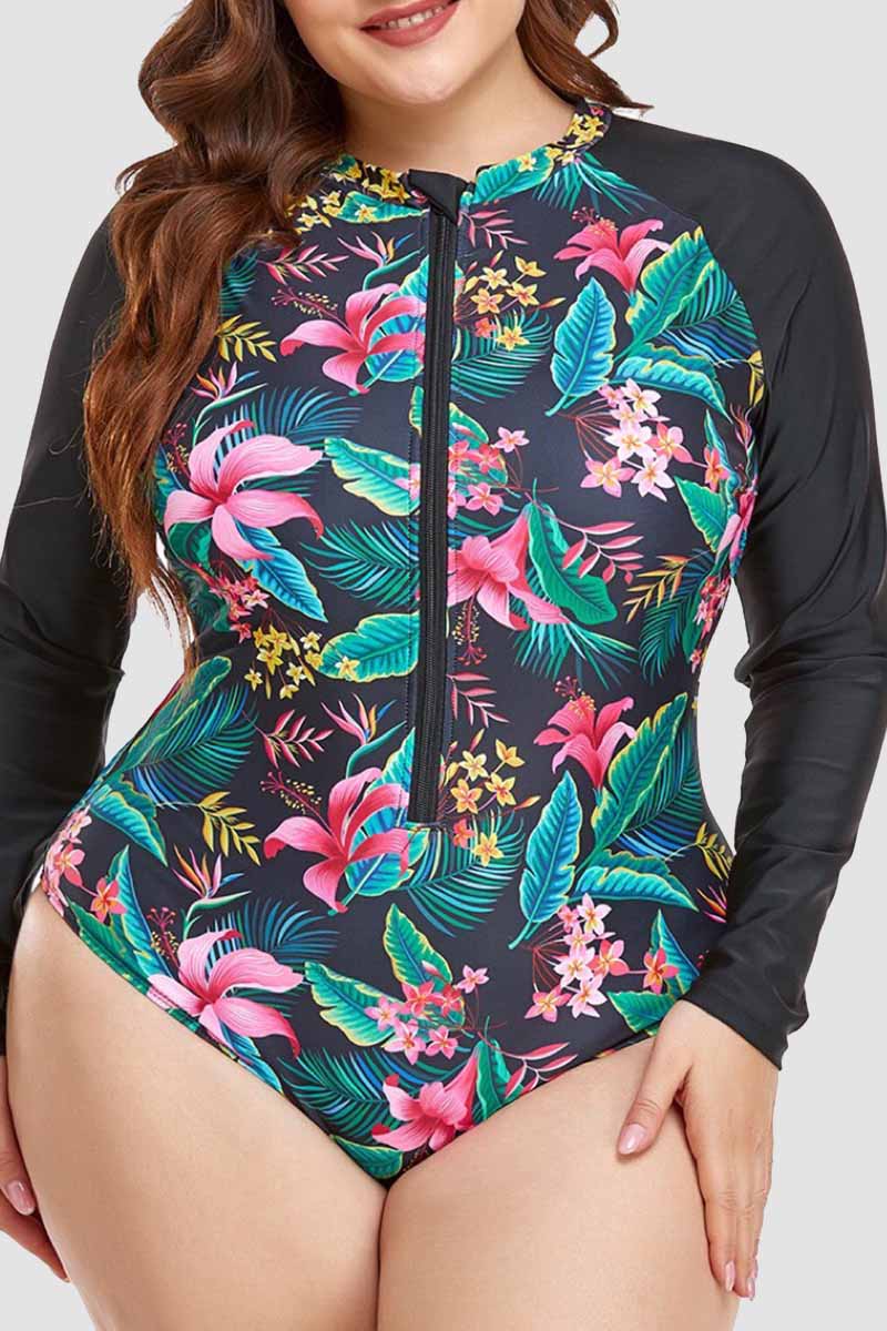 

Black Fashion Sexy Print Split Joint Zipper Collar Plus Size Swimwear