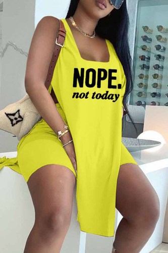 Yellow Fashion Casual Letter Print Slit U Neck Sleeveless Two Pieces