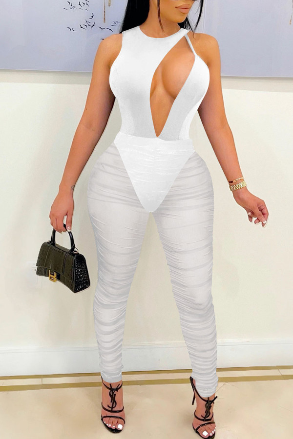 White Sexy Solid Hollowed Out Patchwork See-through Fold O Neck Regular Jumpsuits
