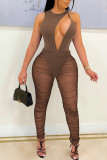 Black Sexy Solid Hollowed Out Patchwork See-through Fold O Neck Regular Jumpsuits