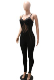 Black Sexy Solid Patchwork See-through Spaghetti Strap Regular Jumpsuits