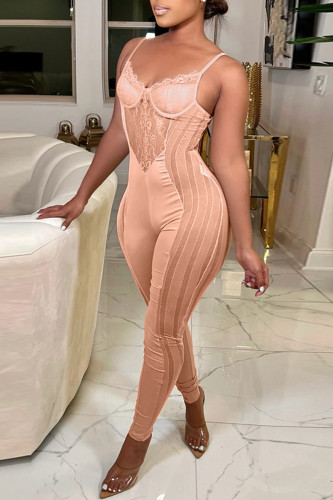 Pink Sexy Solid Split Joint See-through Spaghetti Strap Regular Jumpsuits