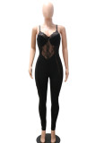 Black Sexy Solid Patchwork See-through Spaghetti Strap Regular Jumpsuits