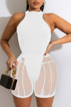 White Sexy Solid Mesh Cold Shoulder Sleeveless Two Pieces