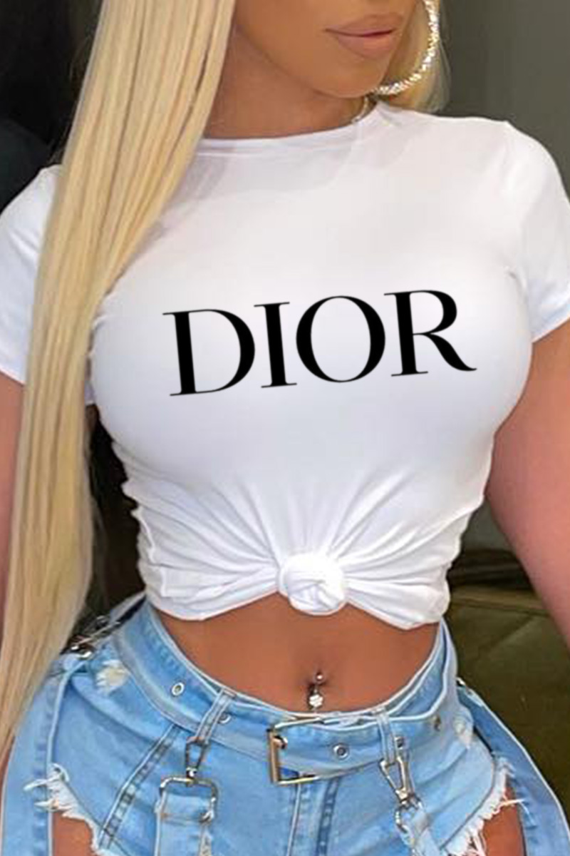

White Fashion Street Print Split Joint Letter O Neck T-Shirts