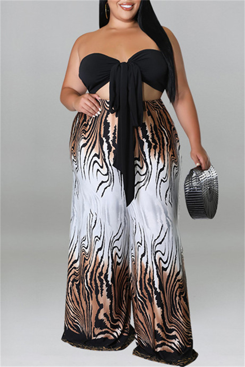 

Coffee Sexy Casual Print Bandage Backless Strapless Plus Size Two Pieces