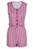 Purple Sexy Plaid Print Patchwork Buckle O Neck Sleeveless Two Pieces