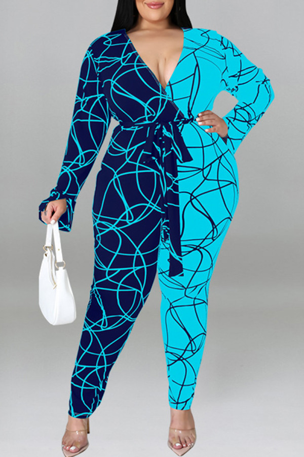 Azul claro moda casual estampa patchwork com cinto decote em V macacões plus size
