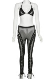 Black Sexy Solid Bandage Patchwork See-through Halter Sleeveless Two Pieces
