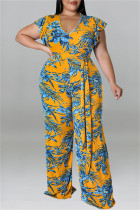 Yellow Fashion Casual Print With Belt V Neck Plus Size Two Pieces