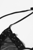 Noir Sexy solide pansement Patchwork transparent licou sans manches deux pièces