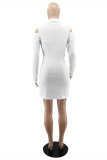 ホワイト ファッション カジュアル ソリッド 中空パッチワーク V ネック ペンシル スカート ドレス