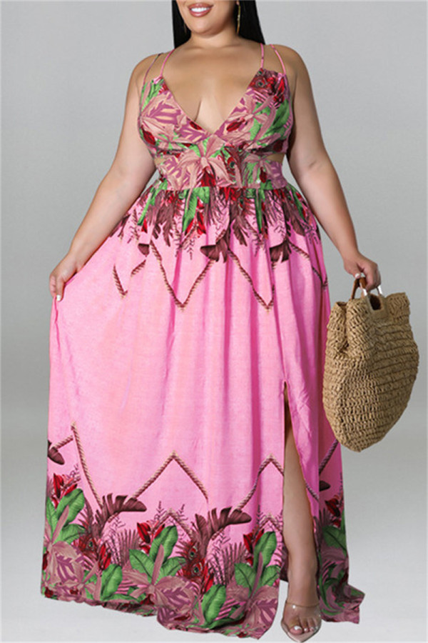 Розовое модное сексуальное длинное платье больших размеров с принтом на спине и разрезом на тонких бретелях