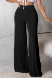 Pantalones de color sólido de pierna ancha de cintura alta de patchwork sólido casual negro