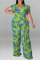 Groene Mode Casual Print Met Riem V-hals Plus Size Two Pieces